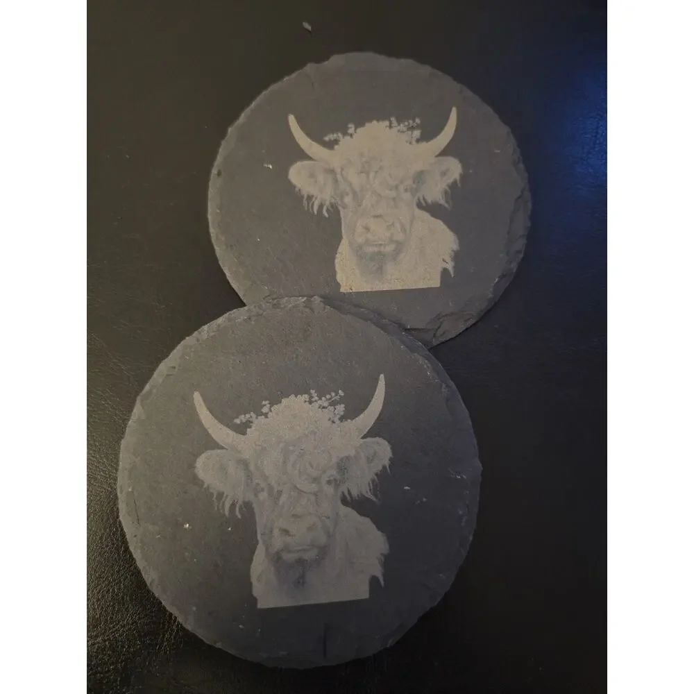 Highland Cow 4 Pack Of Coasters Slate Black 4x4